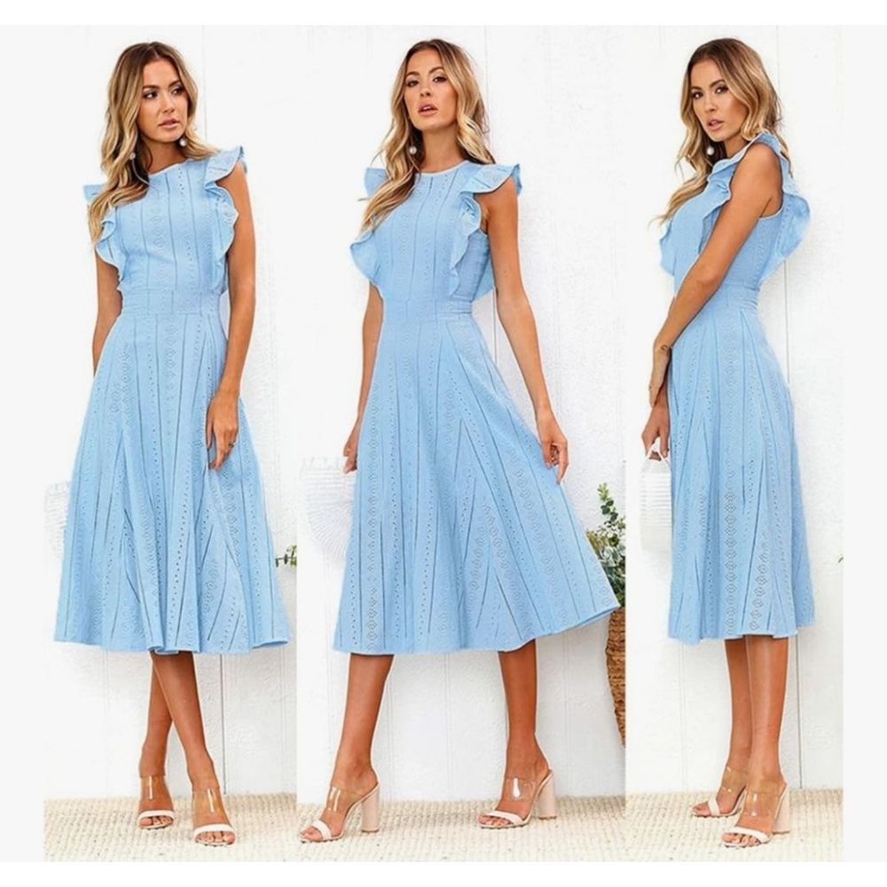 ECOWISH Light Blue Ruffle Eyelet Midi Dress M - Picture 3 of 7